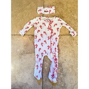 Caden Lane Baby Girl Candy Cane Christmas Pajamas W/ Matching Bow Ruffle Butt Zi